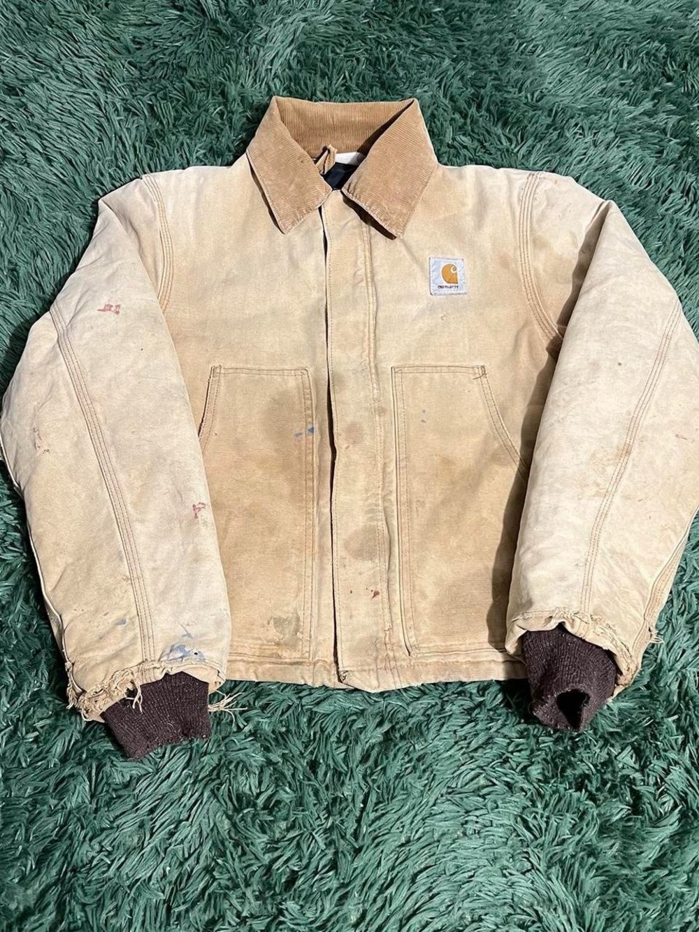 Carhartt Tan Sandstone Work Jacket with Brown Collar